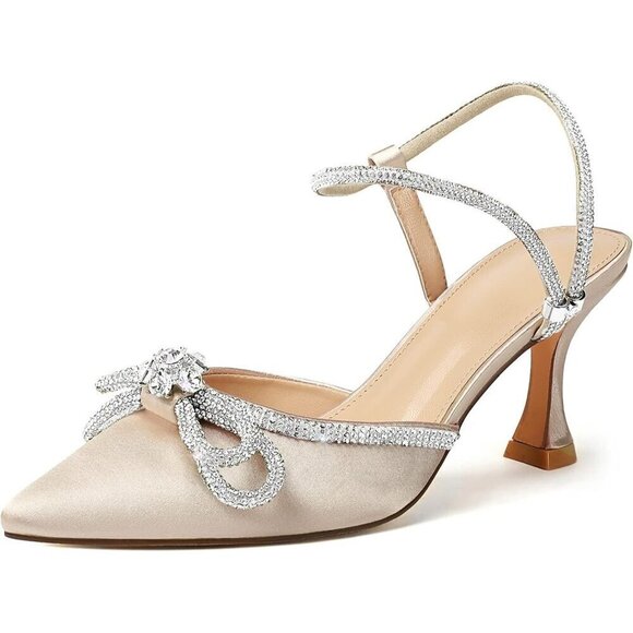 ⭐Women's Closed Toe Rhinstone Strap Pointed Toe Apricot-bow Pumps Low Heel - Picture 1 of 9